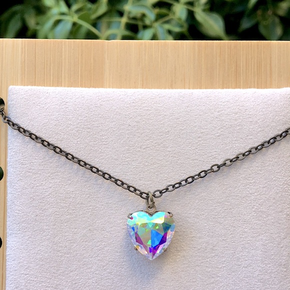 Aurora Borealis + Antique Brass Crystal Heart Drop Pendant Necklace - Picture 12 of 13